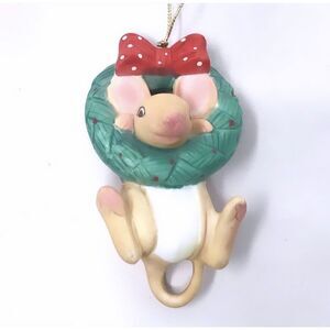 Mouse Wreath Ornament Hand Painted Ceramic Smiling 3.5" Vintage Made Taiwan